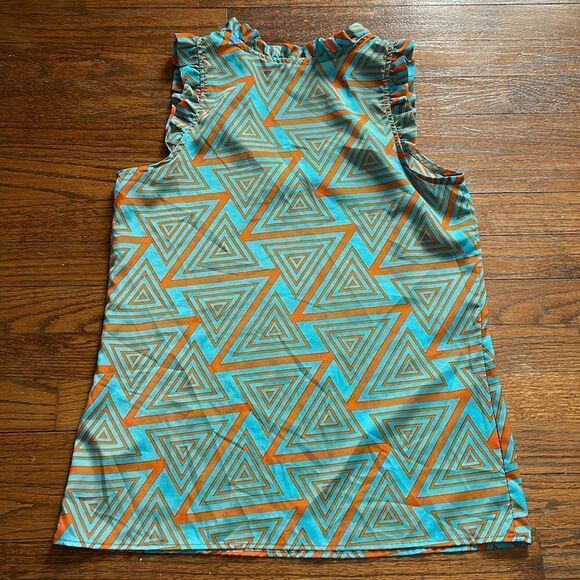 Anthropologie Lili’s Closet Teal and Orange Geometric Ruffle Tank Top - Picture 4 of 4